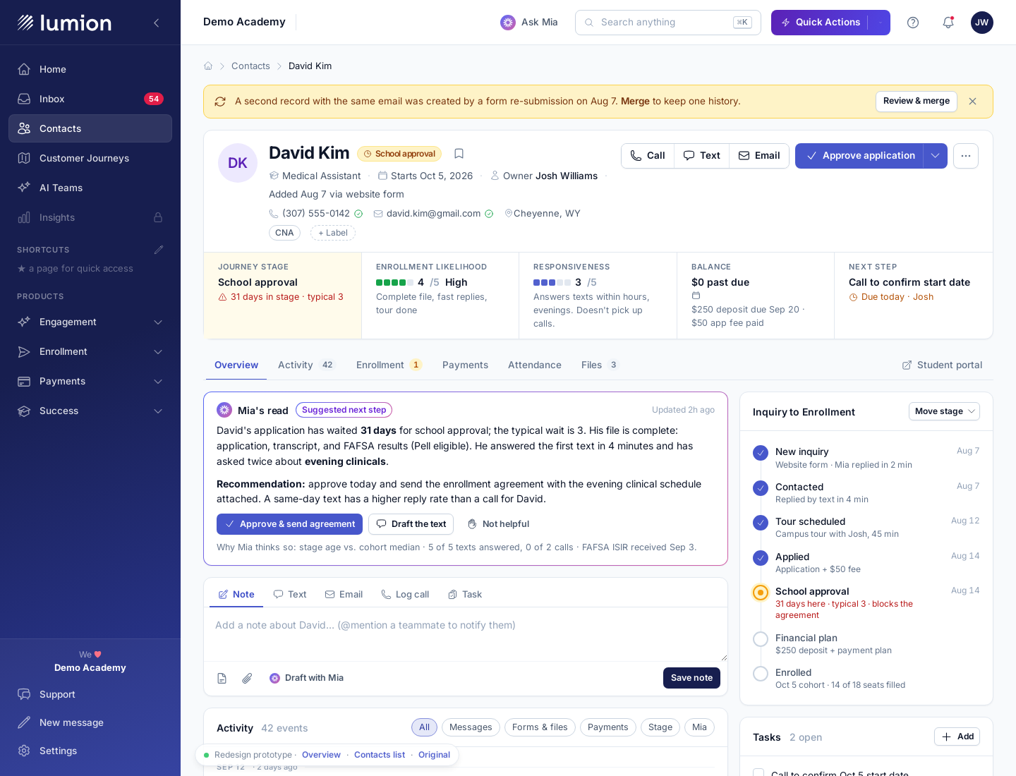 The redesigned contact record with a summary strip, Mia's recommendation, composer, activity timeline, and a rail of journey, tasks, details, and money