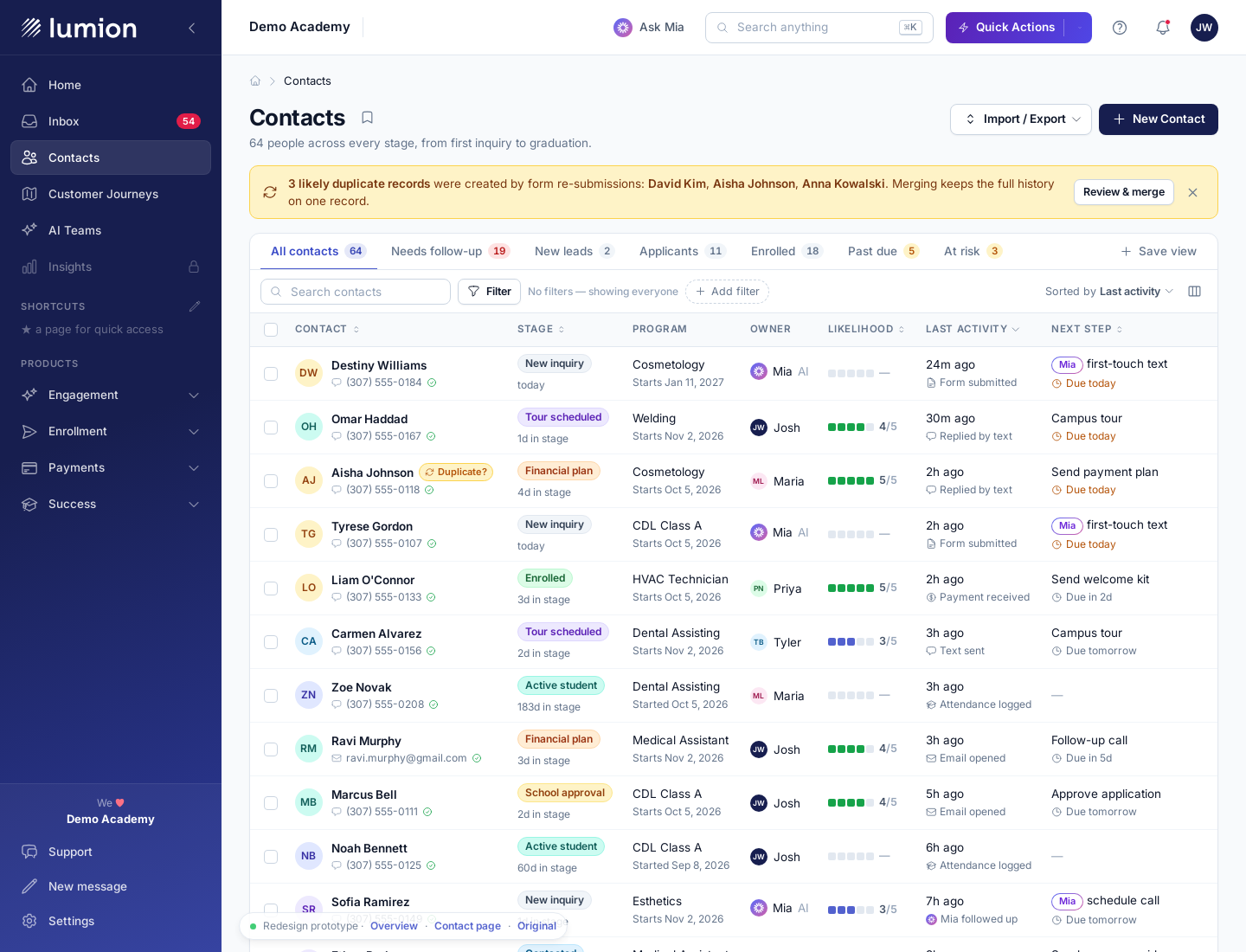 The redesigned Contacts list with saved views, stage pills, program, owner, likelihood meter, last activity, and next step